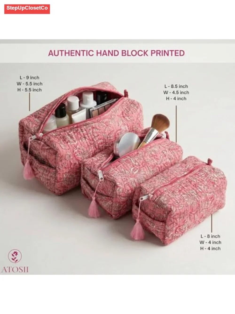 Set of 3 Quilted Cotton Handblock Print Makeup Travel Bag Toiletry Cosmetic Case
